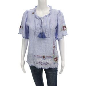 Rose And Rose Womens Blue Linen Floral Boho Tunic Short Sleeve Tie Size XS
